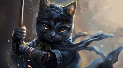 Stealthy Feline. Ninja cat wallpaper with high detailed plain background