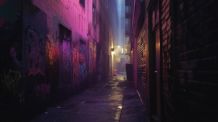 An urban alleyway with dim lighting is depicted, bordered by tall brick buildings adorned with graffiti. Neon lights in shades of purple and pink cast an ethereal glow on the walls, intensifying the m