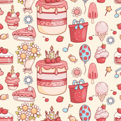 Seamless holiday pattern. Cream birthday cake with candles and strawberries, pieces cream dessert, cupcake and ice cream, gift, bouquet of flowers and balloon on light background. Vector illustration