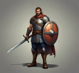 Obraz premium character warrior with sword and shield cartoon style AI generative