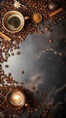 Coffee cups and beans arranged artistically on a textured surface