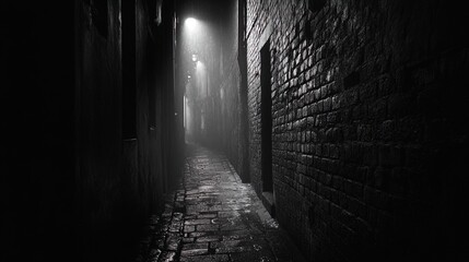 This black and white photograph showcases a narrow, dimly lit alleyway with brick walls on either side. The ground is wet, reflecting the sparse light emanating from a single street lamp. Shadows domi