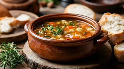 A rustic table set with a bowl of hearty soup and fresh bread