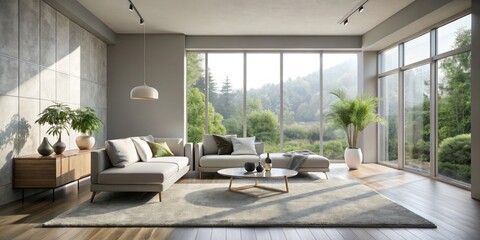 Serene minimalist haven with grey walls, white minimalist furniture, natural light pouring in through floor-to-ceiling windows, plush area rug, and crisp linens in soft morning light.