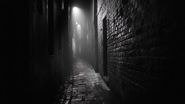 Fototapeta This black and white photograph showcases a narrow, dimly lit alleyway with brick walls on either side. The ground is wet, reflecting the sparse light emanating from a single street lamp. Shadows domi