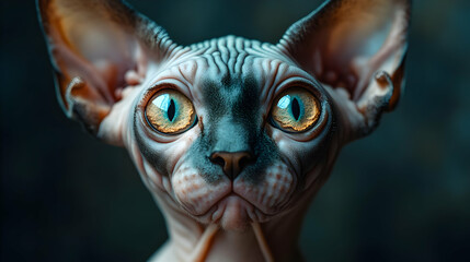 Obraz premium Close-up portrait of a Sphynx cat with large, bright eyes, looking directly at the camera.