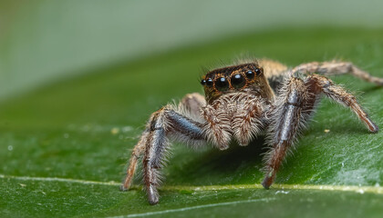 Fototapeta premium Jumping spider on green leaf. Small insect. Ecology and environment concept. Close-up.