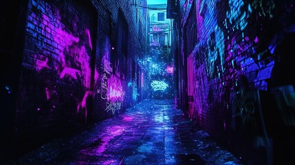 A narrow urban alley lit with vibrant neon lights in shades of purple and blue. The brick walls on either side of the alley are covered with graffiti and street art. The ground is wet, reflecting the 