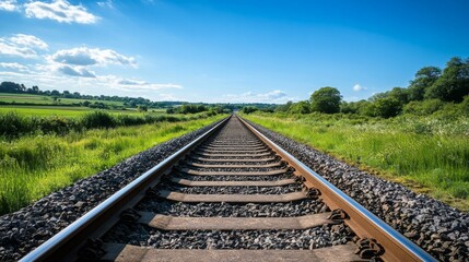 Straight railway tracks extending into the distance through a lush green landscape, with a clear blue sky above and a few clouds.