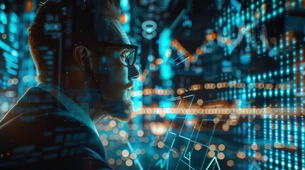 A businessman in glasses looking thoughtfully at the city lights with data in the foreground.