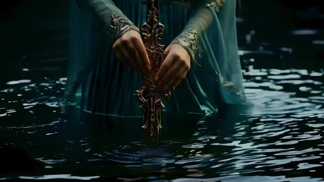 Video recreation of Lady of the Lake coming out of the lake with the legendary sword Excalibur