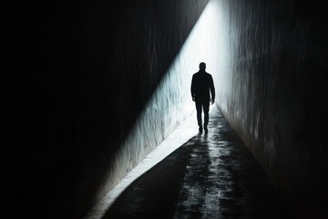Businessman walking into the light at the end of the tunnel