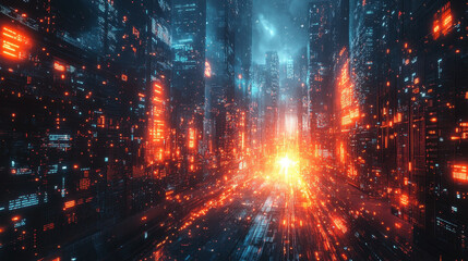 Fototapeta premium Smart City Design, A futuristic city with geometric patterns and fast light connections, showcasing advanced technology in an urban landscape