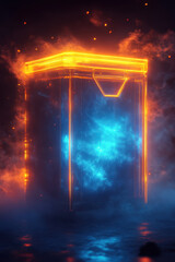 Futuristic Glowing Box,  A glowing, futuristic box with a slightly open lid, showcasing blue and orange lights on a dark background, creating a striking visual effect