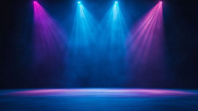 Vibrant stage lights in blue and pink hues create an electrifying atmosphere for a performance.