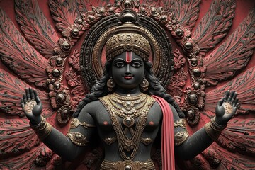 Fototapeta premium Black statue of hindu deity standing with open arms and red floral background