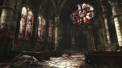 Fototapeta premium The interior of an old, abandoned church with gothic architecture. The large arched windows feature intricate stained glass that depicts religious scenes but are marred with dirt and grime. Sunlight f
