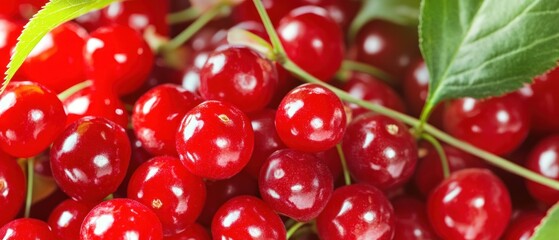 Close-up of Red Cherries with Green Stems and Leaves
