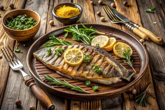 Freshly grilled cazon fish steak served with sliced lemons, herbs, and rustic wooden utensils on a distressed wooden table in a warm, sunny setting.