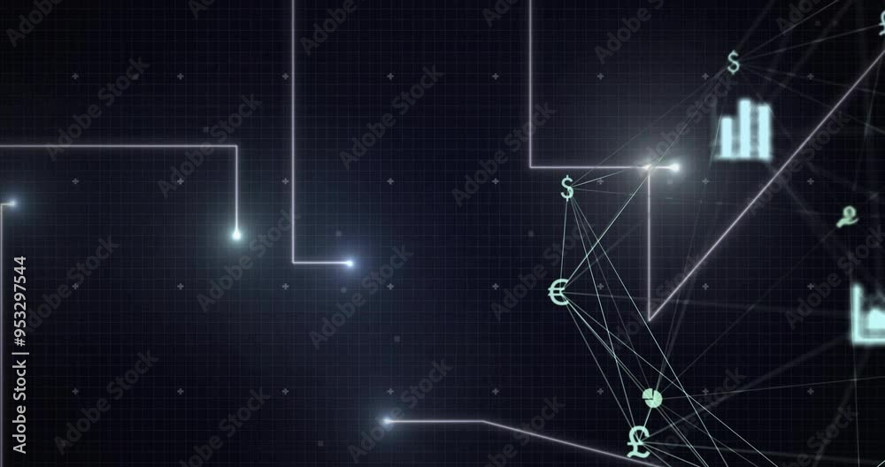 Poster currency symbols and data visualization animation over dark grid background