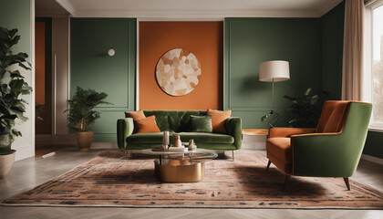A clean, modern living room scene featuring a stylish green velvet sofa and a matching armchair. The