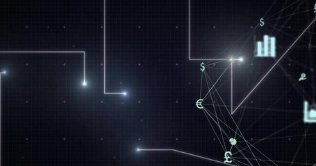 Currency symbols and data visualization animation over dark grid background