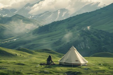 A woman sits peacefully beside her tent, surrounded by misty green hills and towering mountains in a tranquil valley.