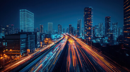Fototapeta premium Smart City Technology, A modern cityscape featuring geometric designs, dynamic light trails, and advanced data connectivity to illustrate smart city development