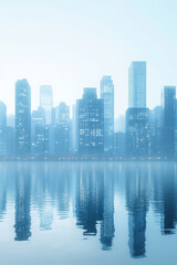 City Skyline,  A modern city skyline featuring minimalistic buildings with reflective surfaces set against a soft blue background, ideal for visuals and design