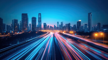 Smart City Technology,  A modern cityscape featuring geometric designs, dynamic light trails, and advanced data connectivity to illustrate smart city development
