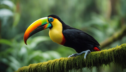 Obraz premium A close-up of a colorful toucan perched on a mossy branch in a dense, green rainforest. The toucan’s