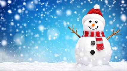 Fototapeta premium A cheerful snowman surrounded by gently falling snowflakes. With a place for the text.