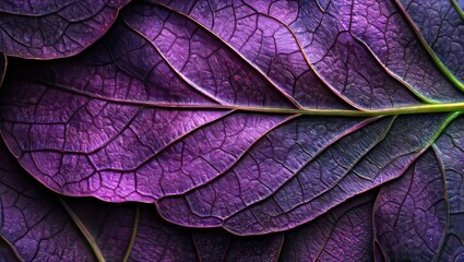 Fototapeta premium Purple leaf texture. Close-up of a vibrant purple leaf with intricate vein patterns, showcasing the beauty of nature.
