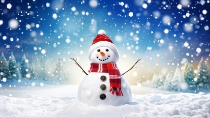 Fototapeta premium A cheerful snowman surrounded by gently falling snowflakes. With a place for the text.