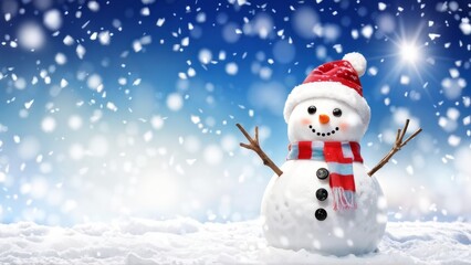 Obraz premium A cheerful snowman surrounded by gently falling snowflakes. With a place for the text.