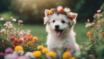 A close-up of a small, fluffy puppy sitting in a garden filled with colorful flowers in full bloom