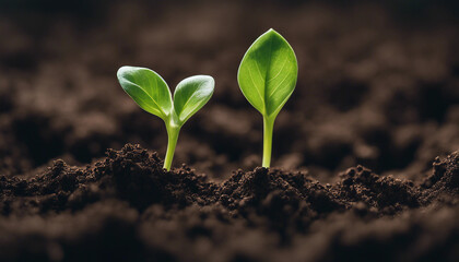 A close-up of a small, vibrant green seedling emerging from rich, dark soil. The young plant is bath
