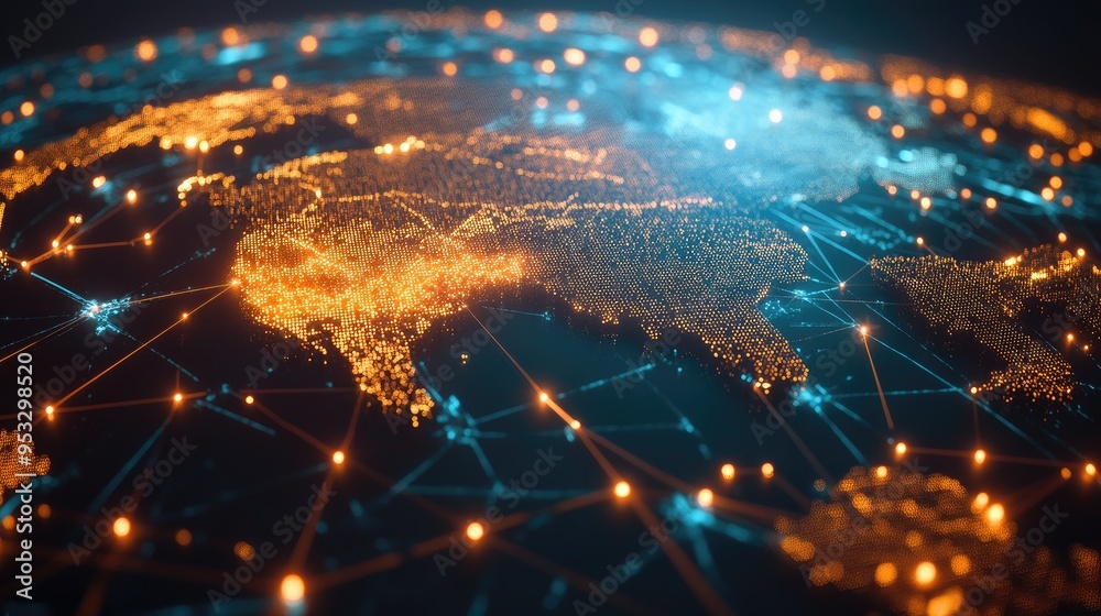 Poster a global network background showing a world map with luminous nodes and lines, illustrating the comp