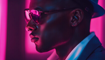 A close-up portrait of a man with dark skin, his face and neck highlighted by dramatic neon lighting