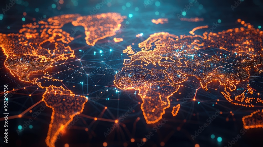 Poster a global network background showing a world map with luminous nodes and lines, illustrating the comp