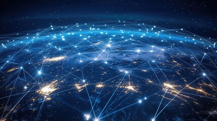 Fototapeta premium A global network background with glowing interconnected lines spanning across a world map, symbolizing international communication and connectivity.