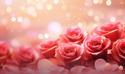 Pink and red roses petals on a bokeh background
