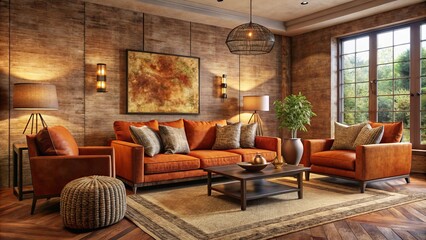vibrant burnt orange sofas paired with rustic brown armchairs amidst warm golden lighting softly focused on woven jute rug and natural textured walls