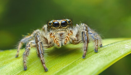 Jumping spider on green leaf. Small insect. Ecology and environment concept. Close-up.