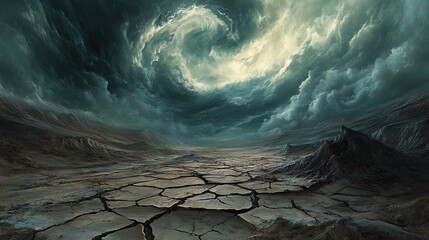 A dramatic and vast landscape shows a dry, cracked earth with large, jagged rock formations. The sky above is dominated by a swirling vortex of storm clouds, with dark, menacing shades of green and gr