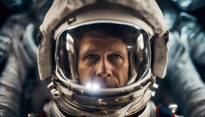 Fototapeta premium A close-up shot of an astronaut wearing a space helmet, illuminated by soft, warm lighting inside th