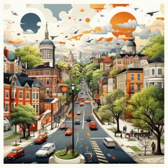 Naklejka premium Vintage City Layout Poster in 1960s Retro Gray Print Style