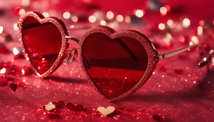 A close-up shot of stylish, heart-shaped sunglasses with red-tinted lenses, resting on a vibrant red