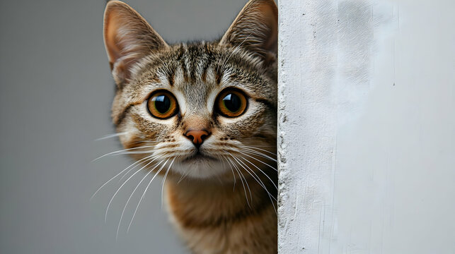 Curious tabby cat peeking around a corner with wide eyes.