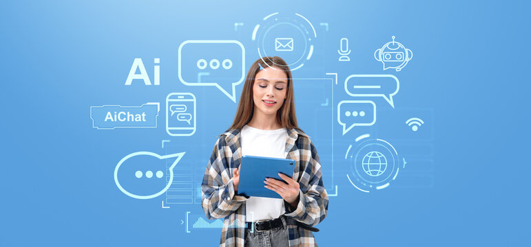 Woman using tablet with AI chat icons on blue background, concept of digital communication..